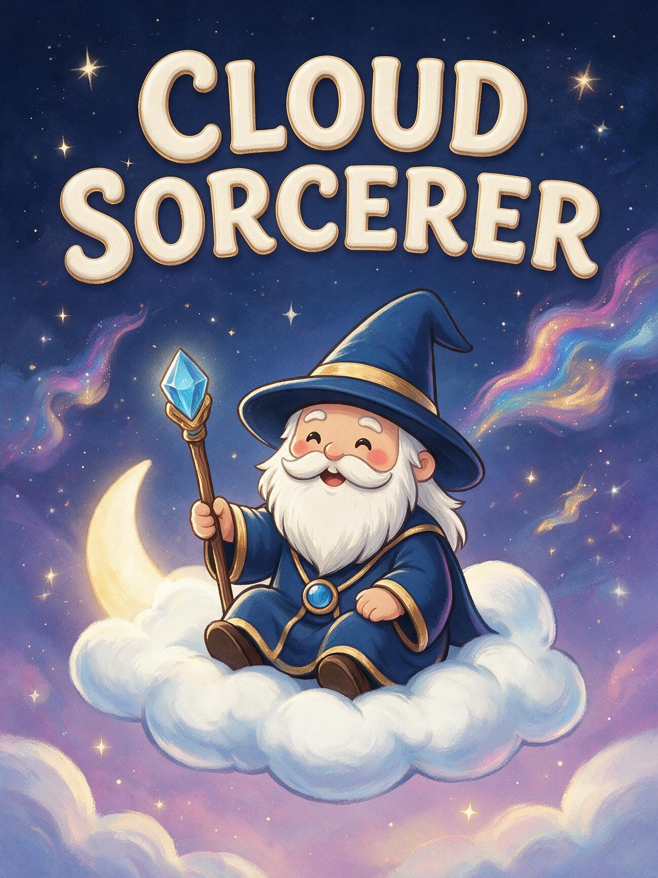A cheerful blue-robed wizard sitting on a cloud under the moon