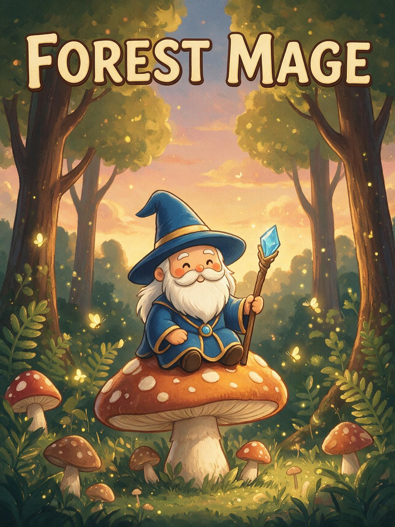 Forest Mage wizard sitting on a mushroom among fireflies