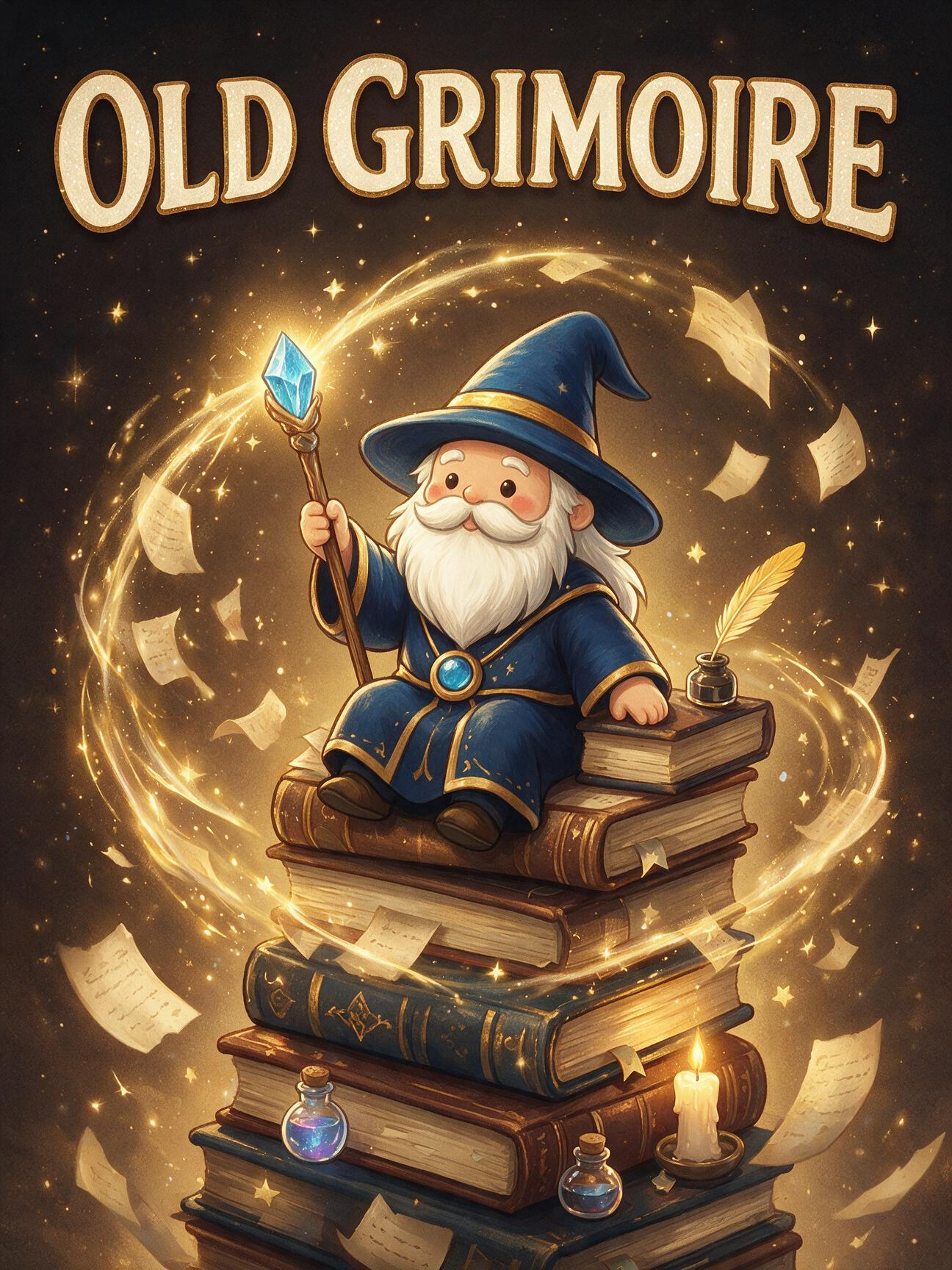Old Grimoire wizard surrounded by glowing books and pages