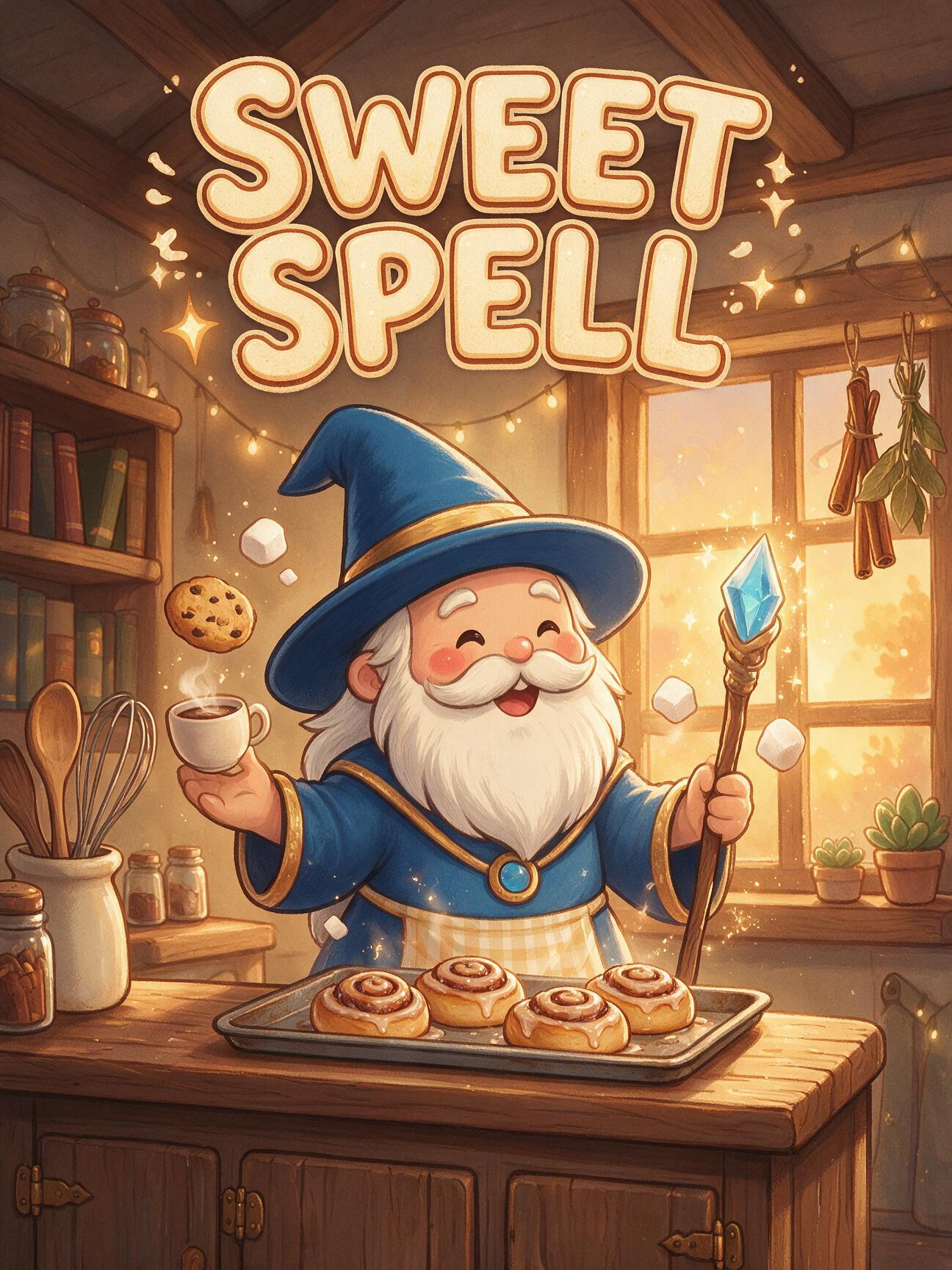 Sweet Spell wizard baking cinnamon rolls in a cozy kitchen